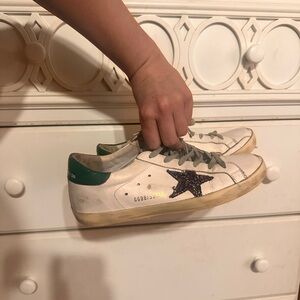 Golden Goose White Sneakers with Glittery purple star and green back